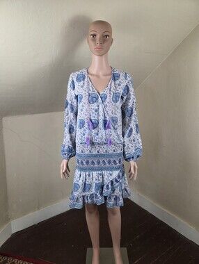 Alicia Bell Blue White Boho Paisley Mini Dress Size‎ S 100% Cotton Tassel Ruffle